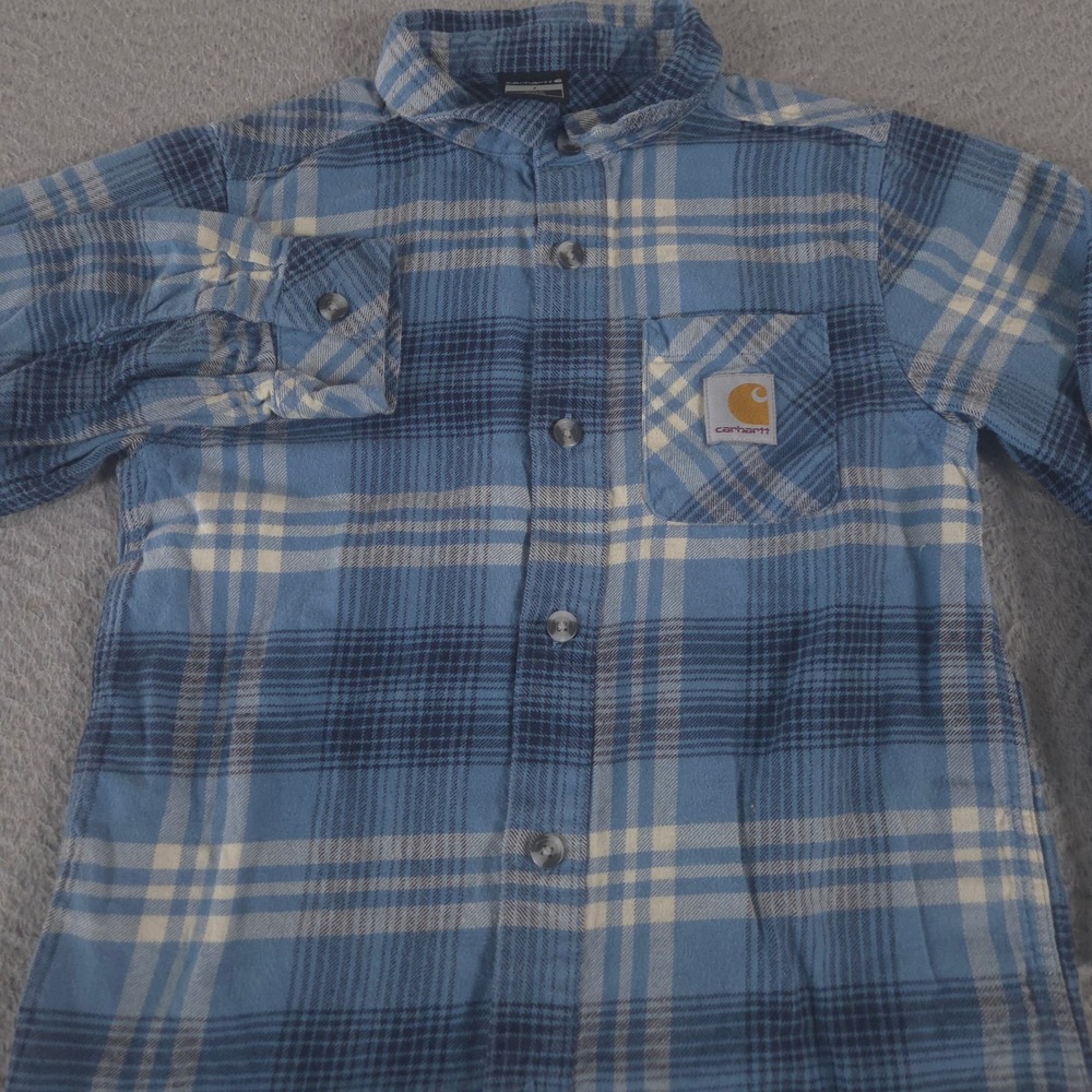 Carhartt Shirt Boys 7 Blue Plaid Flannel Button Down Cotton Pocket Rugged Top